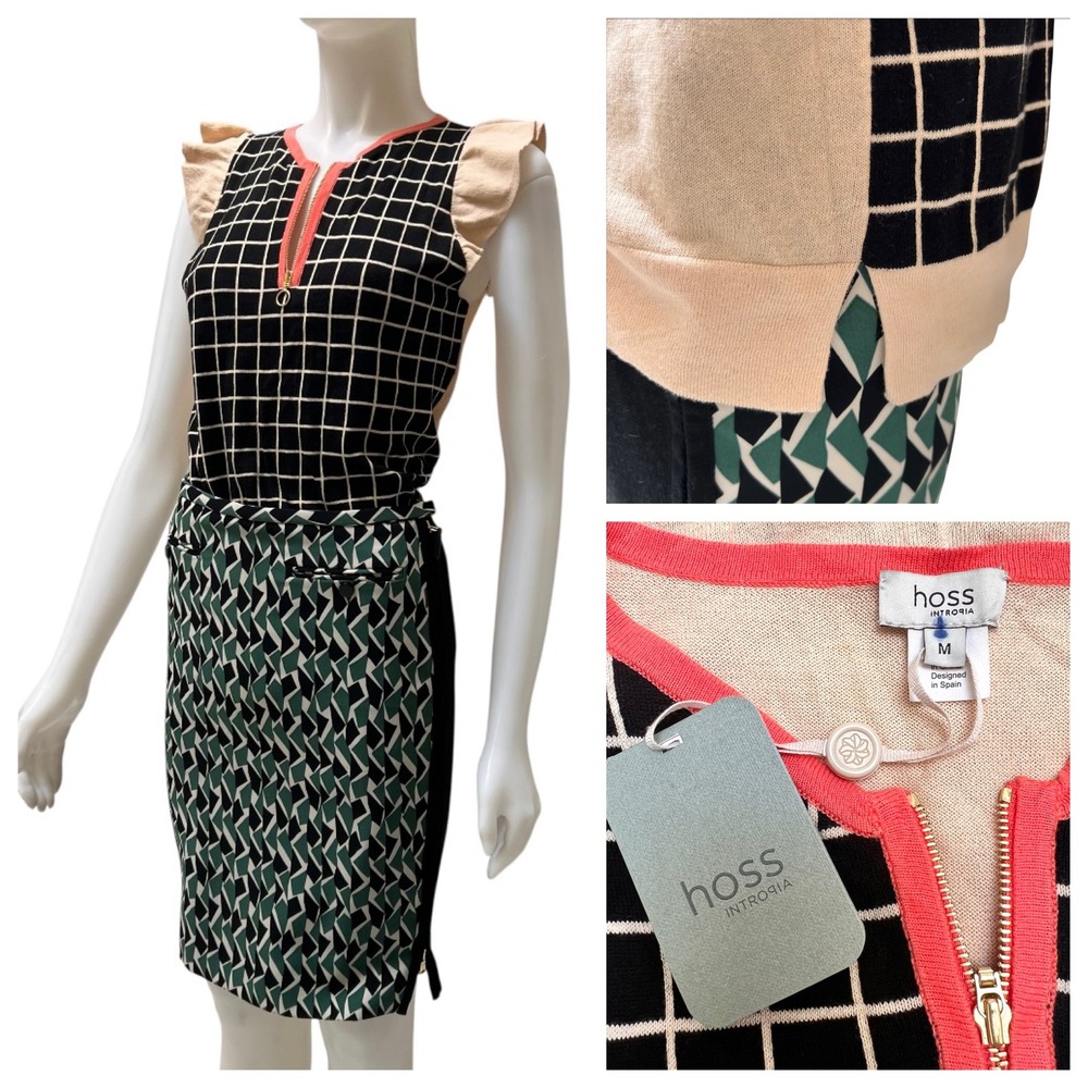 Hoss Intropia Windowpane Ruffle Sleeve Knit Top Cotton Preppy Chic Size M NWT